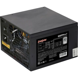 Блок питания ExeGate 600PPH-LT EX282044RUS 600W, RTL, 80+, ATX, black, APFC, 12cm, 24p, (4+4)p, 5*SATA, 3*IDE